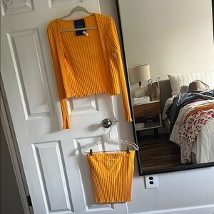 Simon Miller Orange Ribbed cardigan and skirt